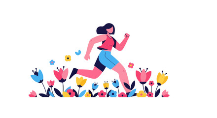 Woman Running Through a Field of Colorful Flowers:  A Vibrant Digital Artwork