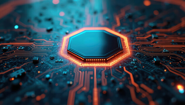 Octagonal central processor on circuit board. Glowing orange lines and blue lights on microchip paths. Digital data flow, futuristic tech concept.