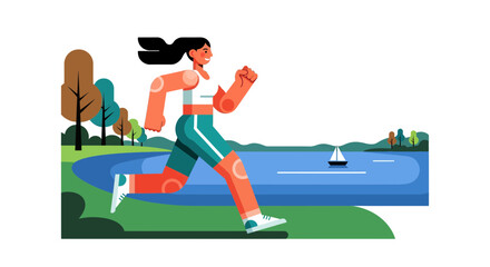 Woman Runs Energetically During Sunny Day By The Lake With Sailboat Illustration