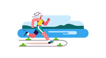 Woman Runs Energetically During Sunny Day With Stylized Landscape Silhouette