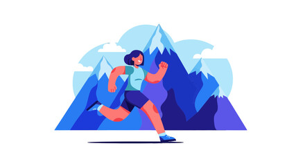 Woman Runs Energetically During Sunny Mountain Adventure Across Vector Illustration