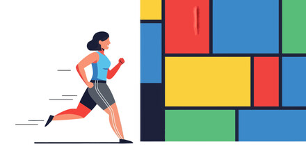 Woman Runs Energetically Next To Geometric Color Blocks In Vector Style Illustration