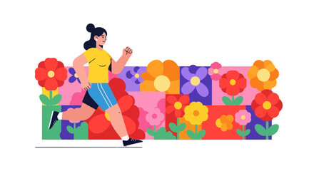 Woman Runs Energetically in a Bright Floral Design with Modern Smooth Color Rendering