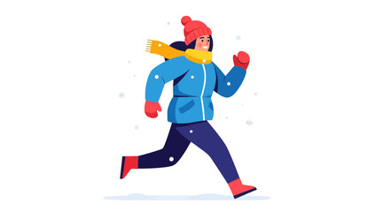 Woman Runs Energetically Through Falling Snow Wearing Winter Clothes with a Black Background