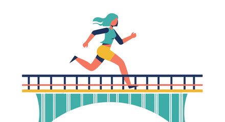 Woman Runs Over Bridge Against Black Background Showing Energy And Movement