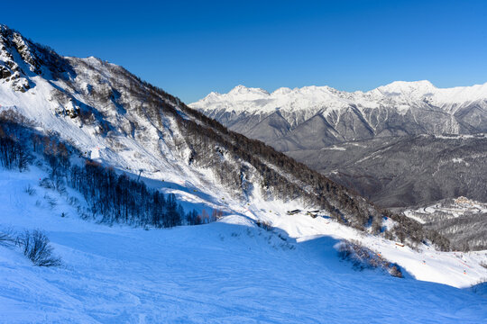 Mountain peaks covered with snow, mountain slope with forest.