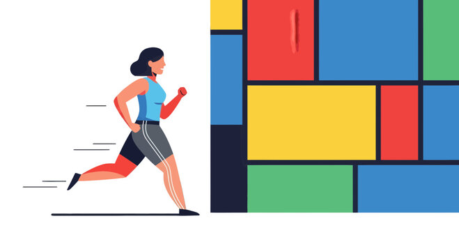 Woman Runs Energetically Next To Geometric Color Blocks In Vector Style Illustration