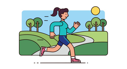 Woman Runs Through Park, Exercising In Outdoors, Animated Illustration Of Health