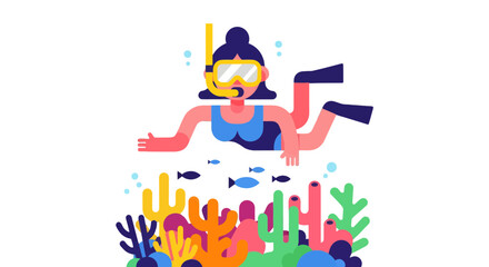 Woman Scuba Diving With Coral Reef Underwater: Flat Illustration Design, Black Background