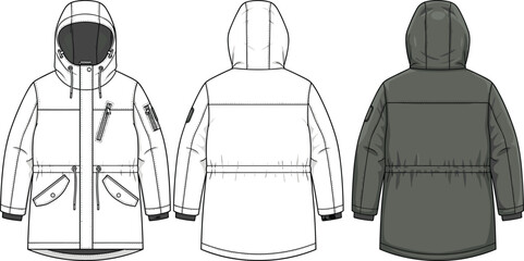 Technical Flat Sketch of Hooded Parka Jacket with Chest Zipper Pocket