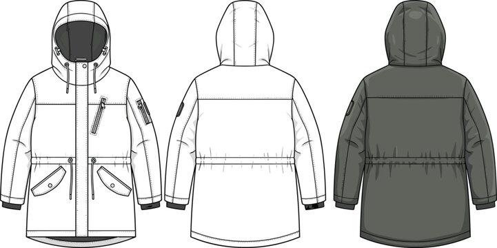 Technical Flat Sketch of Hooded Parka Jacket with Chest Zipper Pocket