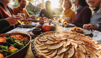Thanksgiving family dinner. Traditional apple pie and vegan meal close up, with blurred happy people around the table celebrating the holiday.
