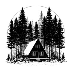 A frame cabin nestled among towering evergreen trees in a monochrome winter forest illustration