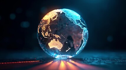 A rotating glowing blue and orange holographic Earth globe (polygonal mesh) on a dark, reflective surface. Symbolizes global connection, data network, telecommunications, and futuristic technology. - Powered by Adobe