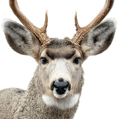 Obraz premium Png of closeup of a mule deer head isolated on transparent background, showcasing its antlers and detailed fur pattern