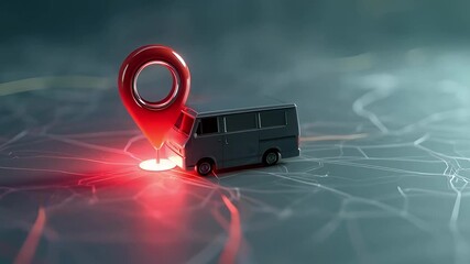 A miniature delivery van drives near a glowing red GPS map pin on a digital route map, symbolizing logistics, delivery service, navigation, tracking, and transportation technology. - Powered by Adobe