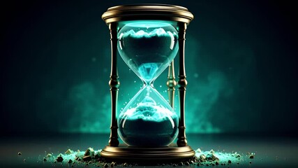 A futuristic hourglass glows with internal blue and green light as abstract digital sand pours inside, symbolizing time, technology, countdown, deadlines, and the flow of information. - Powered by Adobe