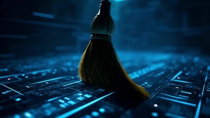 A simple broom sweeps across a glowing, futuristic circuit board, symbolizing data cleaning, system optimization, digital hygiene, virus removal, and clearing digital clutter. - Powered by Adobe