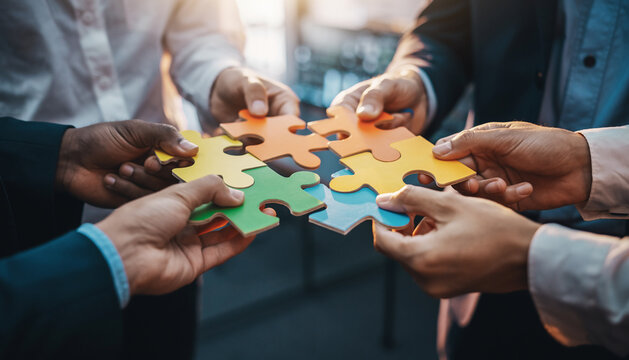Teamwork of business people working together and combining pieces of a puzzle. Teamwork to achieve success concept. Working together
