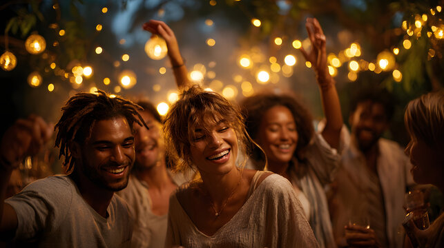 Group of friends dancing under fairy lights celebrating together joyfully 