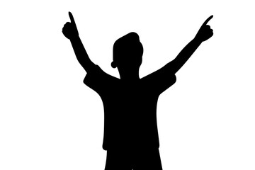 Vector image of a boy in silhouette with his arms raised celebrating a goal, silhouette of excitement and sporting triumph