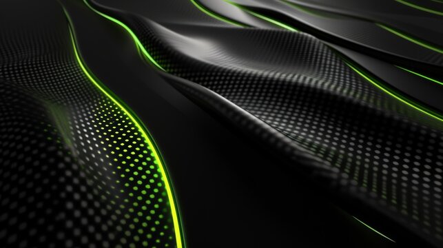 Abstract background with a wavy carbon fiber texture. Futuristic high-tech surface with glowing green neon lines and dots. Modern technology and automotive design concept - Powered by Adobe