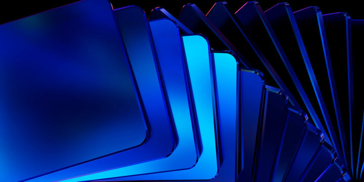 abstract shiny blue metalic cuboid shapes arranged nicely against black black background