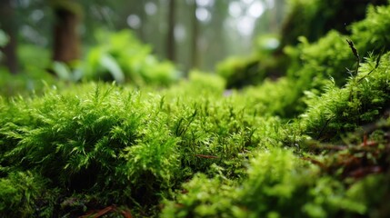 Vibrant green moss blankets the ground in a quiet forest. Sunlight filters through trees, highlighting the lush texture. This tranquil scene invites relaxation and appreciation of nature.
