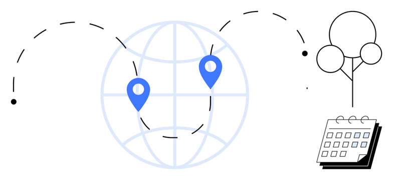 Globe with two location pins connected by dotted lines, a tree symbol, and a calendar. Ideal for themes of travel planning, logistics, sustainability, global connectivity, tourism, event scheduling