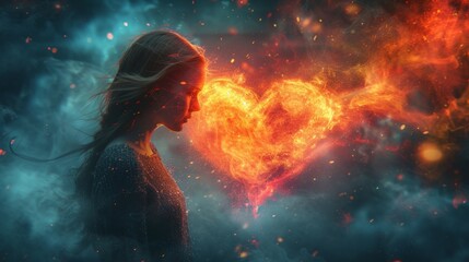 A woman in profile with a glowing heart of fire. Abstract concept of love, passion, and intense emotion. Fantasy illustration with burning sparks and smoke