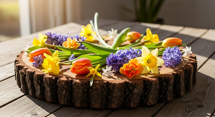 Close up of spring flowers arranged on a wooden platter on a wooden table in bright sunlight ai generated