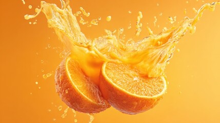 Two juicy orange halves create a splash of fresh juice in a lively burst of color. The bright orange backdrop enhances the refreshing nature of the scene, ideal for fruit lovers.