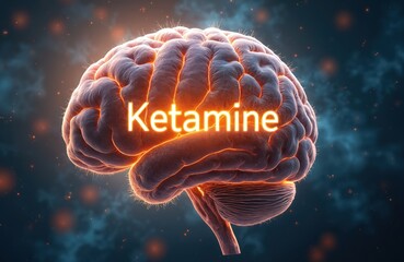 Illustration presents a human brain with a glowing orange outline. The word Ketamine is across the brain. Dark background has blurred lights