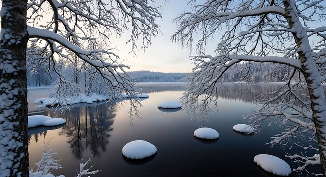 Winter lake with snow covered trees