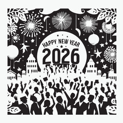 Happy New Year 2026 Celebration in Paper-Cut Style with People Cheering and Festive Decorations