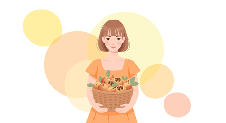 Woman Holding Basket Of Fruits With Beautiful Circle Background Illustrative Art