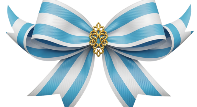 Blue and White Striped Bow with Gold Ornament on Black Background ribbon decorative isolated on a transparent background