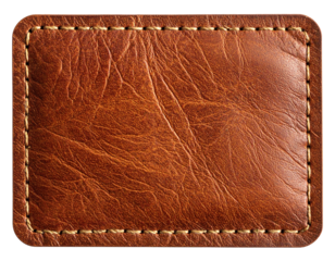 Blank brown leather label showing grain and stitching isolated on white background