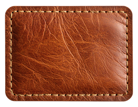 Blank brown leather label showing grain and stitching isolated on white background