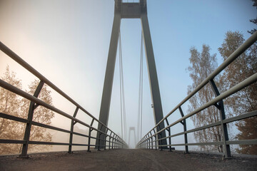 Foggy suspension bridge viewed from ground level with surrounding trees and soft light