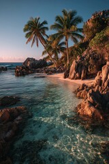 Serene Tropical Beach at Sunset With Clear Water and Palm Trees
