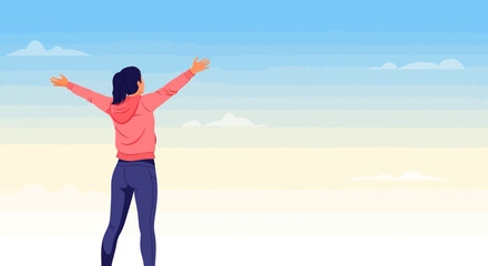 Obraz premium Woman Embracing Positive Outlook With Open Arms Under Sky, Freedom Concept