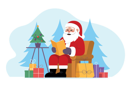 Santa Claus sits comfortably in an armchair, reading a book surrounded by gifts and a Christmas tree.