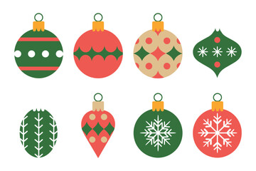 A collection of festive Christmas ornaments in various shapes and patterns, including snowflakes and geometric designs, ready for holiday decorating.