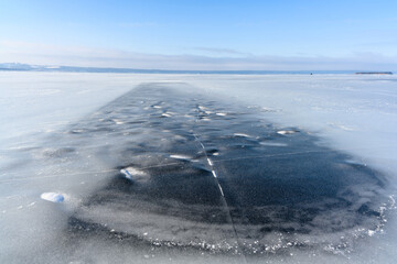 Winter landscape of a frozen river against the backdrop of endless ice.