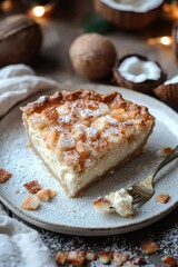 A slice of coconut pie on a plate with a fork. Coconuts are scattered in the background. AI.