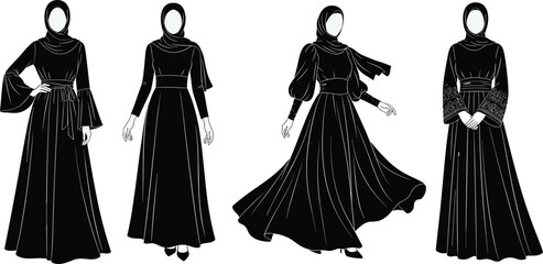 Modest fashion illustration, long dresses with headscarves, cultural outfit variations, flowing silhouettes, elegant garment styles, vector design, traditional clothing art