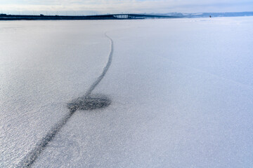 A huge crack in the frozen Volga River at its widest and deepest point near Ulyanovsk.