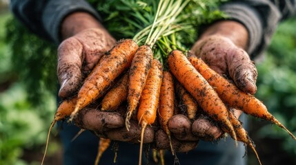 Hands hold a bunch of freshly harvested carrots with dirt still on them. The scene is set in a vibrant garden, showcasing the connection between nature and farming.