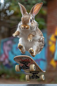 A rabbit appears to be airborne above a skateboard. The skateboard is decorated, and the background shows a brick wall and blurred greenery. AI.
